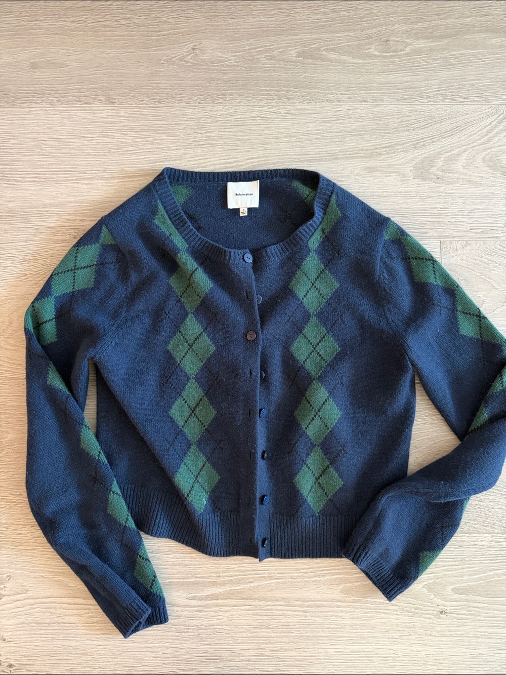Reformation Navy and Green Argyle Cropped Cardigan